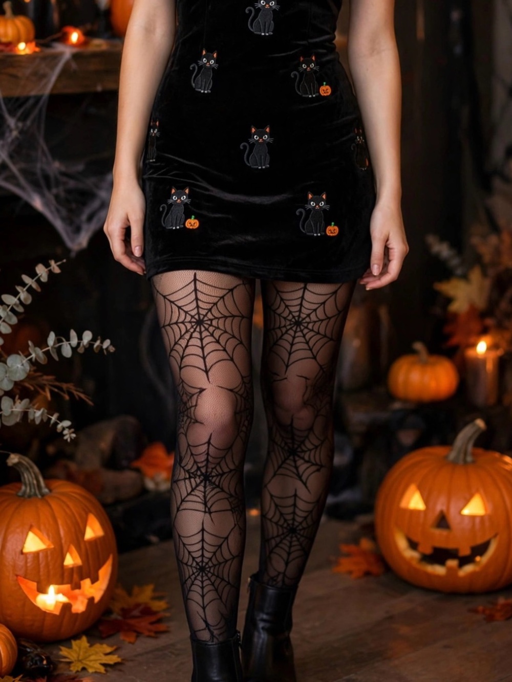 Black Tights Spider Web Design Halloween One Size 95-140lb